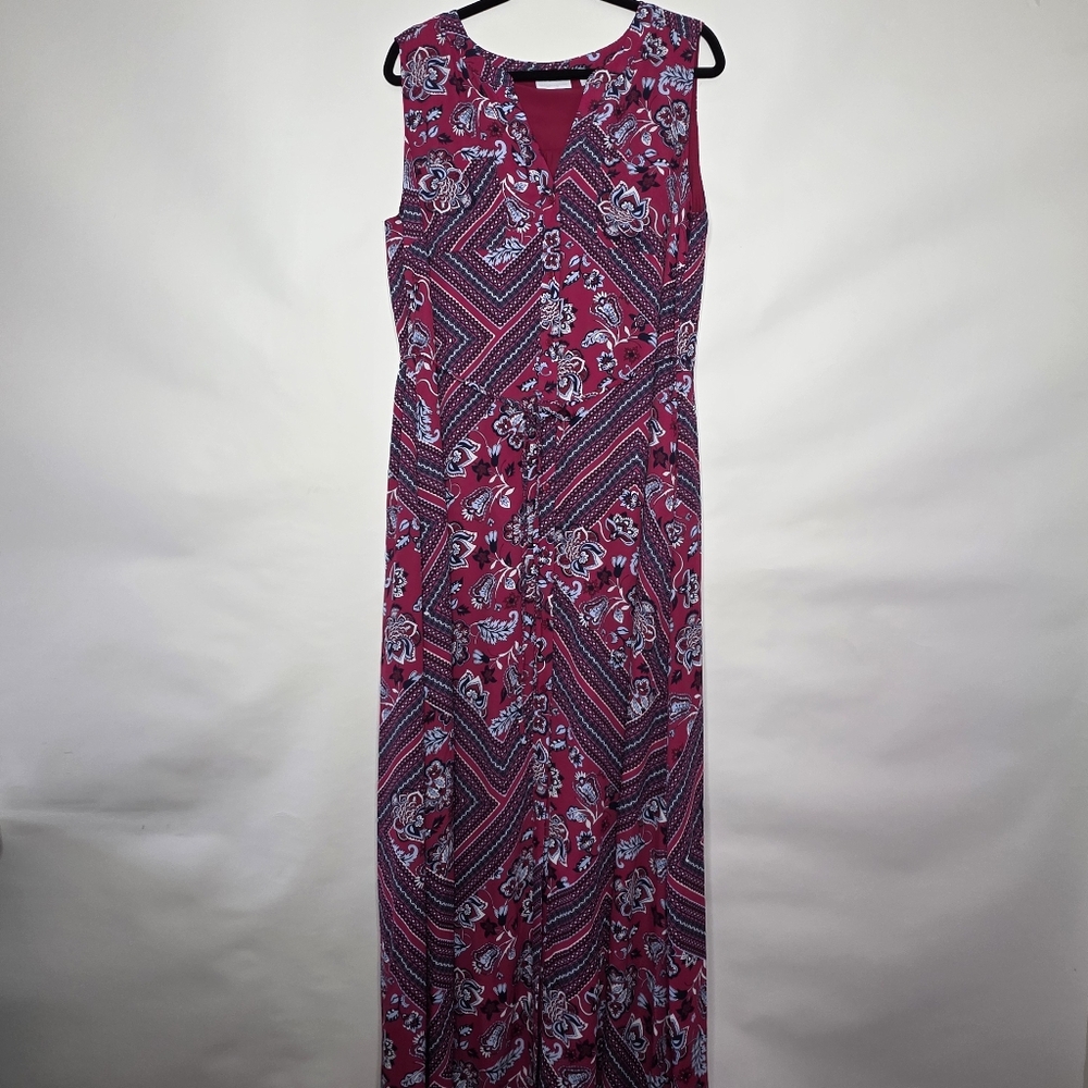 Floral Scarf Print Maxi Dress Size XL Tall with Pockets Full Button Front Spring